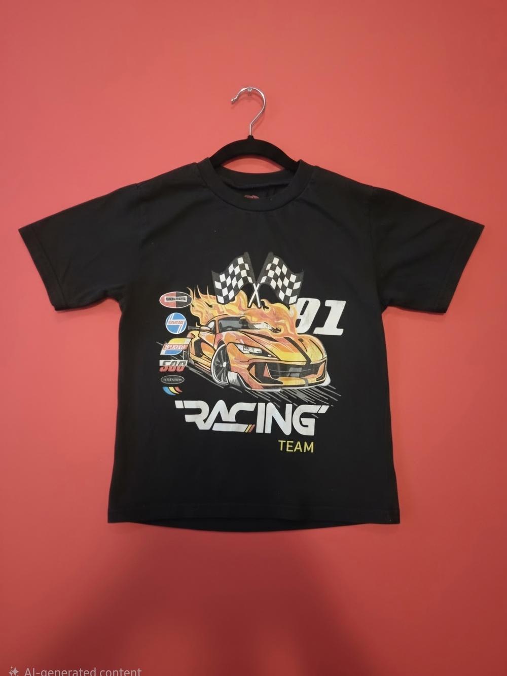 Kids Black Racing Team Graphic Tee with Yellow Orange Car